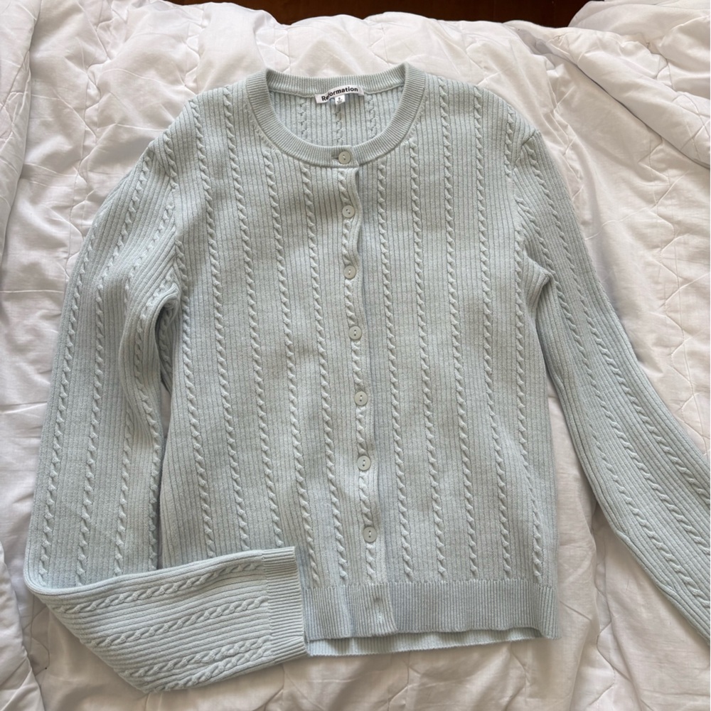 Light blue reformation cable knit sweater cardigan